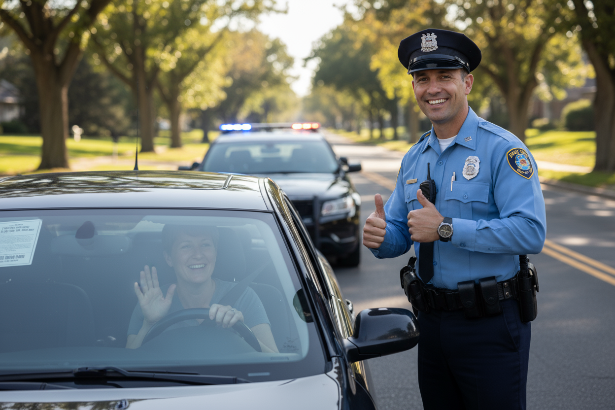 cop giving pass for car driver because their vehicle is registered correctly 