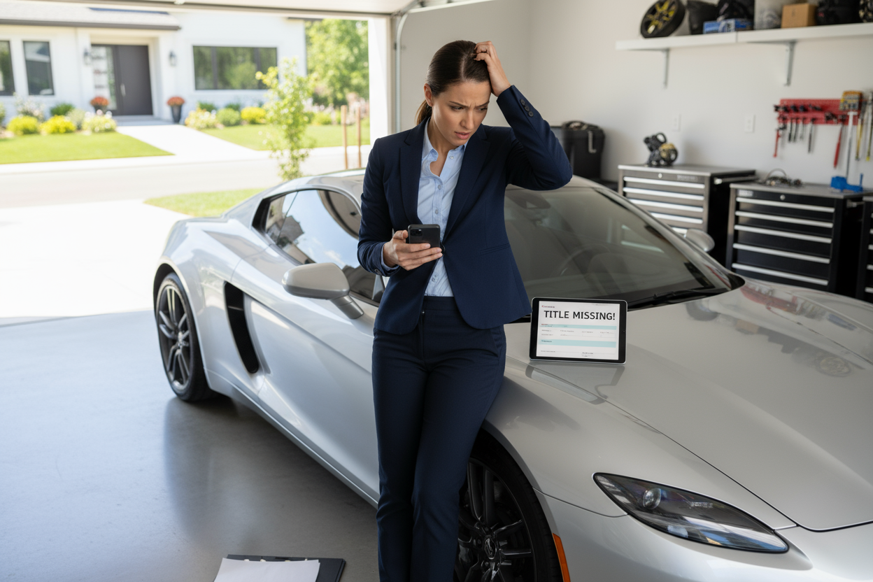 woman scratching her head because her sports car is missing the title 